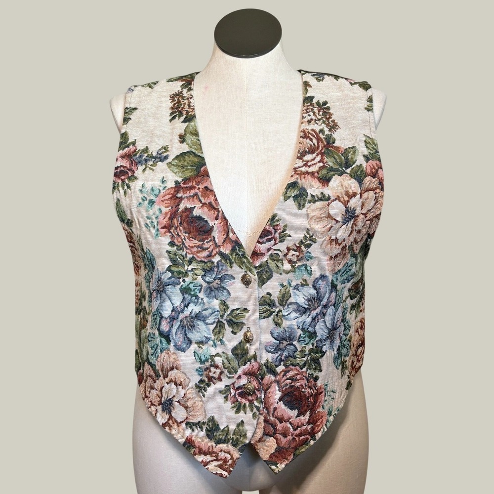 Womens Vintage Floral Tapestry Vest XL V-Neck Boho Layering Cottagecore Artsy